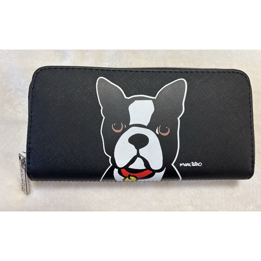 Marc Tetro Wallet French Bulldog Lined Black Zip Around Clutch 8” X 4” NWOT